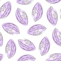 Seamless pattern of seashells in line art style. Sea decor for background, wallpaper, package, menu. Vector illustration on a white background.