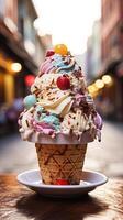 AI generated Ice cream in a waffle cone on the background of the street. photo