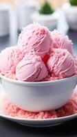 AI generated Scoops of pink ice cream in a bowl on a table. photo