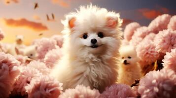 ai generado blanco pomeranio perrito en rosado flores antecedentes. foto