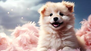 AI generated A Pomeranian puppy on the background of pink feathers and clouds. photo