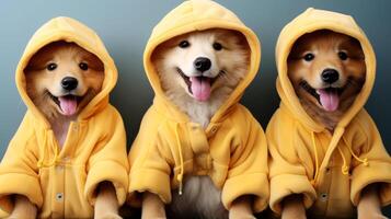 AI generated Cute dogs in raincoat on color background, close-up. photo