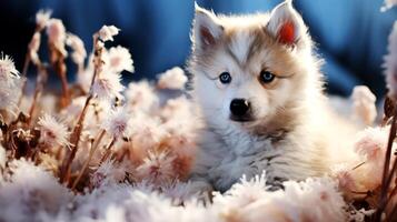 AI generated Cute Siberian husky puppy in flower garden on natural background. photo