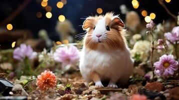 AI generated Hamster in the grass. Hamster on a background of flowers. photo