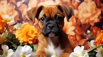 ai generado Boxer perrito con flores en un antecedentes de un floral pared. foto