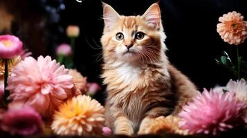 AI generated Cat and flowers on dark background. photo