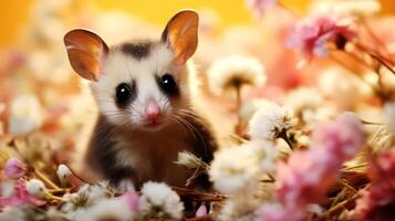 AI generated Cute little mouse on flowers background, close up. Pet animals. photo