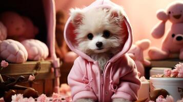 ai generado linda pequeño pomeranio perrito en un rosado capucha en el antecedentes de juguetes foto