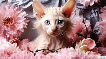 AI generated Sphynx cat with pink flowers. photo