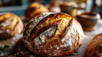 AI generated Freshly baked homemade bread on a table. photo