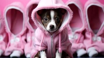 AI generated Cute little dog in hoodie on pink background. photo