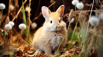 ai generado linda pequeño Conejo en primavera flores antecedentes. contento Pascua de Resurrección. foto
