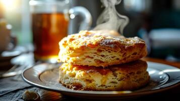 AI generated A stack of homemade scones on a plate and a mug of tea. photo