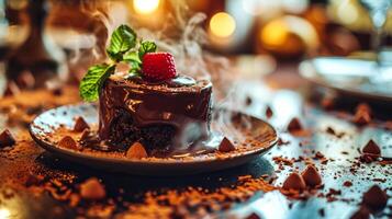 AI generated Chocolate fondant with caramelized apples and cocoa powder on a dark background. photo