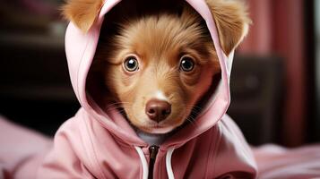 AI generated Cute little dog in hoodie on bed at home. photo