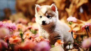 AI generated Cute Siberian husky puppy in flower garden on natural background. photo