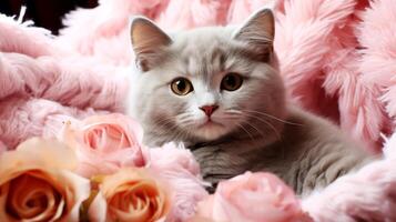 AI generated Beautiful cat with flowers on pink background, close up. Lovely pet. photo