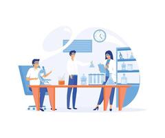 scientists two men and woman working at science lab. Laboratory interior, equipment and lab glassware.  flat vector modern illustration