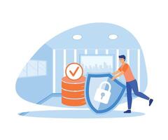 Man holding shield and server or hard disks. Concept of secured database. flat vector modern illustration