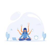 Time management. Girl with many arms sits in the Yoga  position and doing many tasks at the same time.  flat vector modern illustration