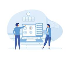 Document management soft abstract concept. Man and woman analyzing documents data  via laptop. flat vector modern illustration