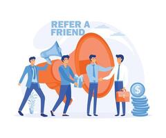 People shout on megaphone with Refer a friend and get rewarded design concept vector illustration with character hand shake.  flat vector modern illustration Print