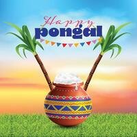 Vector illustration of Happy Pongal Holiday Harvest Festival of Tamil Nadu South India greeting background