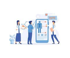 Doctors examining a patient using a medical app on a smartphone, online medical consultation and technology. flat vector modern illustration