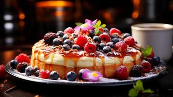 AI generated Delicious cheesecake with berries on wooden table. photo