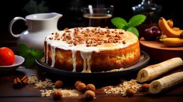 AI generated Cake with almonds and cup of coffee on a dark background. photo