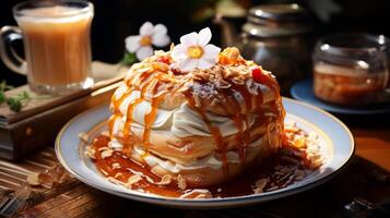 AI generated Pancakes with whipped cream and caramel on a wooden table. photo