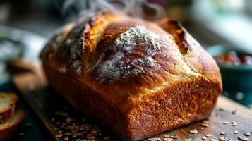 ai generado recién horneado hecho en casa un pan en un mesa. foto