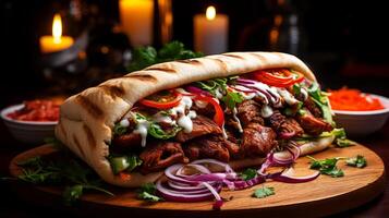 ai generado doner brocheta - A la parrilla carne en lavash con vegetales. foto