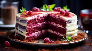 AI generated Chocolate cake with raspberries and cherries on a wooden table. photo