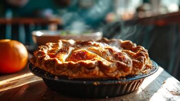 AI generated Homemade apple pie in a baking dish on a wooden table. photo