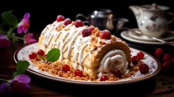 AI generated Cake rolls with berry sauce on a white plate on a black background. photo