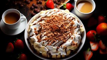 AI generated Delicious cake with whipped cream and chocolate on a wooden table. photo