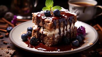 AI generated Chocolate cake with ice cream and berries on a dark background. photo