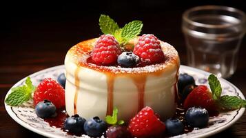 AI generated Panna cotta with caramel sauce and fresh berries on a plate. photo