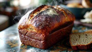 ai generado recién horneado hecho en casa un pan en un mesa. foto