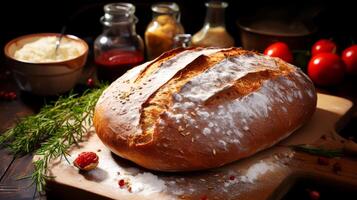 ai generado recién horneado un pan en un de madera tablero con trigo y harina. foto