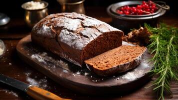 AI generated Freshly baked bread on a wooden board with wheat and flour. photo