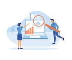 Man and woman looking at remote server from laptop using magnifying glass  to analyzing large sets of data and recognizing mistakes.  flat vector modern illustration