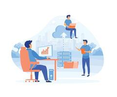 Business technology storage cloud computing service concept with administrator team working on cloud. flat vector modern illustration