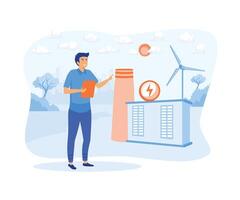 A man is renewing electrical energy and natural resources.flat vector modern illustration