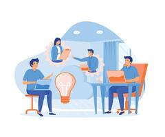 Teamwork of users connected by cloud computing and light bulb. flat vector modern illustration . flat vector modern illustration