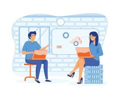 Cloud computing concept. Man and woman processing information at laptops using cloud technology, data storage and backup.  flat vector modern illustration