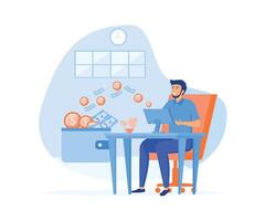 Earning money online. Bearded man working on desk with computer and money flowing from screen to wallet. flat vector modern illustration