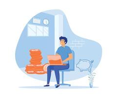 Earn money online. Man working online with a computer and coins.  flat vector modern illustration