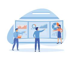 Data analysis concept. Teamwork of business analysts on holographic charts and diagrams of sales management statistics and operational reports.  flat vector modern illustration